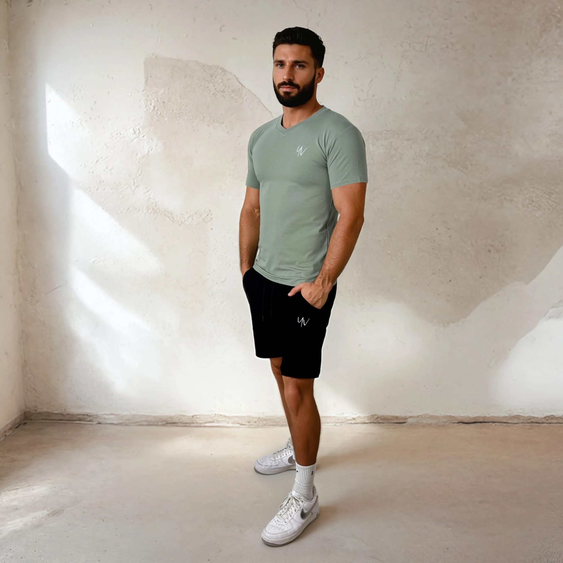 Model - YV MOTION - short en v-shirt - groen - man - totaal 2 YV MOTION – V-shirt for him - Afbeelding 1